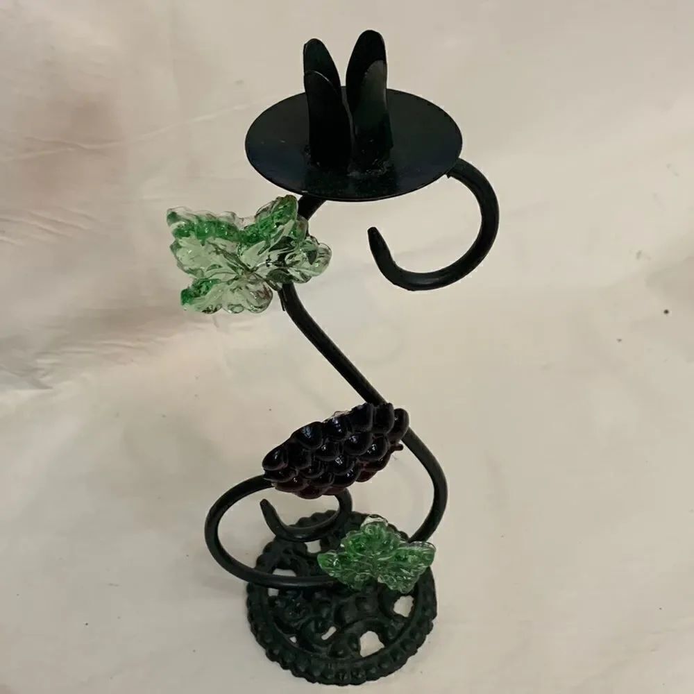World Bazaars Black Wrought Iron Glass Grapes & Leaves 12 Inch Tall Green Purple
